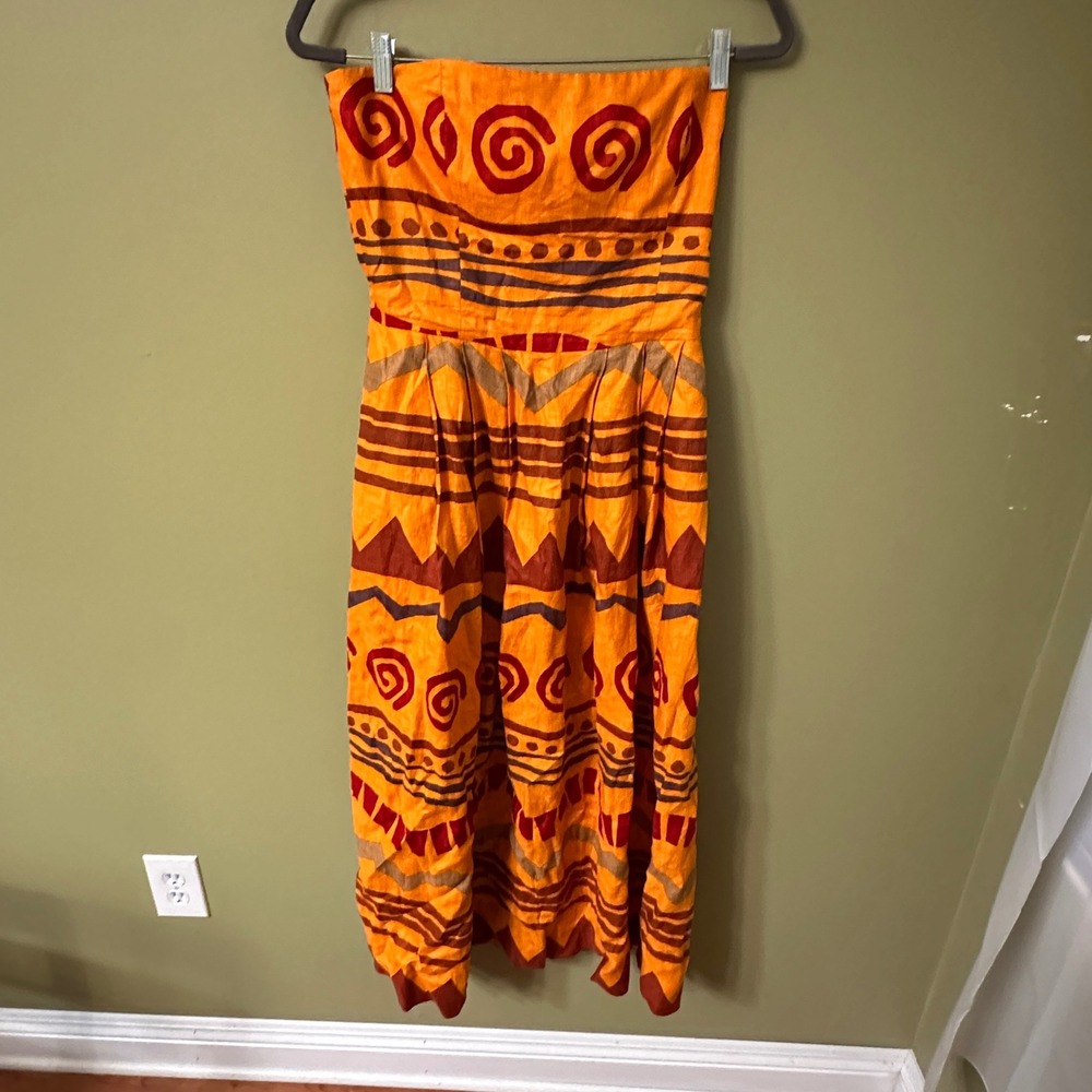 Ellen‎ Tracy Linen Strapless Maxi Dress Orange Tribal Print Geometric Sz 12 Zip
